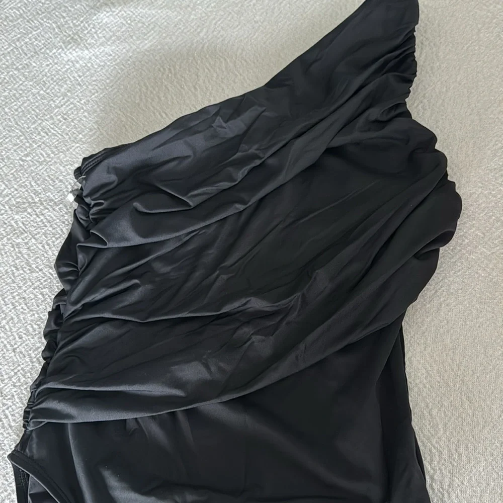 La Blanca Island Goddess Shirred One Shoulder One Piece - Black, Size 6, $120